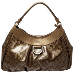 Gucci Gold/Beige GG Crystal and Leather D Ring Hobo