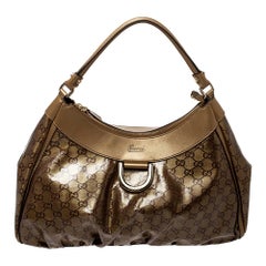 Gucci Gold/Beige GG Crystal and Leather D Ring Hobo