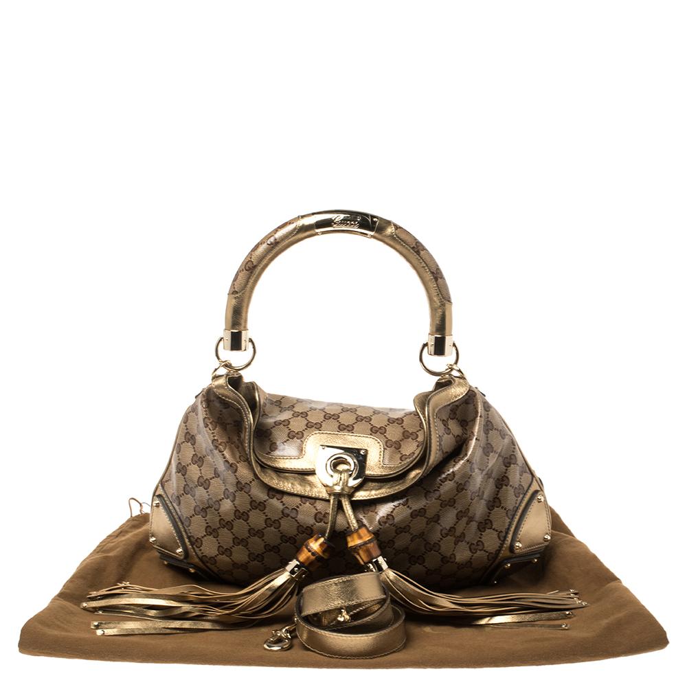 Gucci Gold/Beige GG Crystal Canvas and Leather Medium Babouska Indy Hobo 8