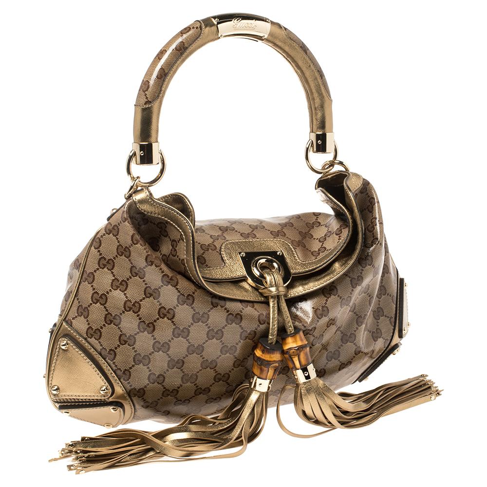 Gucci Gold/Beige GG Crystal Canvas and Leather Medium Babouska Indy Hobo In Excellent Condition In Dubai, Al Qouz 2