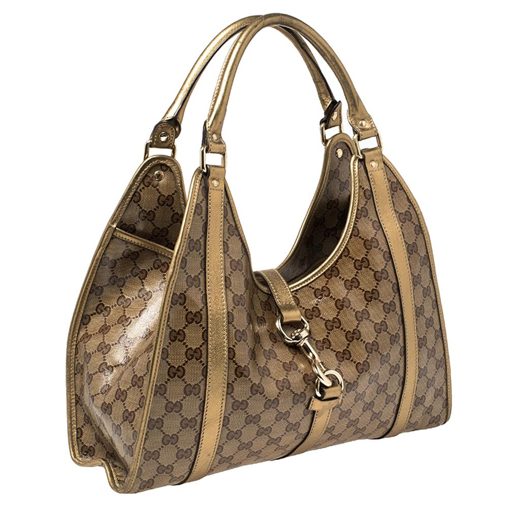 Gucci Medium Joy Umhängetasche aus Segeltuch und Leder in Gold/Beige mit GG-Kristall im Zustand „Relativ gut“ in Dubai, Al Qouz 2