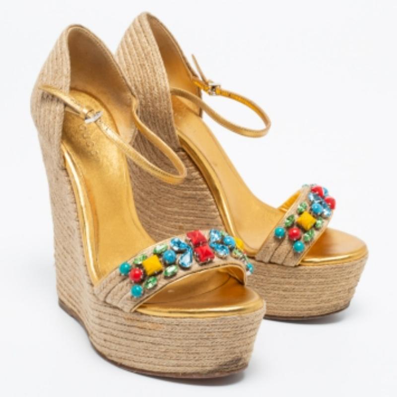 Gucci Gold/Beige Jute And Leather Carolina Wedge Sandals Size 36 For Sale 2