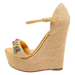 Gucci Gold/Beige Jute And Leather Carolina Wedge Sandals Size 36