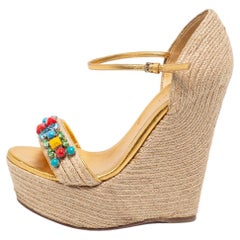 Gucci Gold/Beige Jute And Leather Carolina Wedge Sandals Size 36