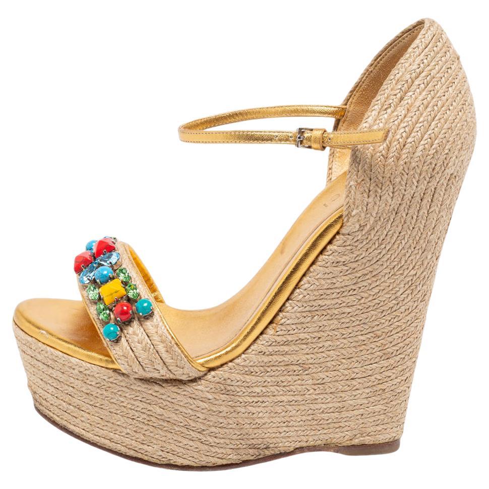 Gucci Gold/Beige Jute And Leather Carolina Wedge Sandals Size 36 For Sale