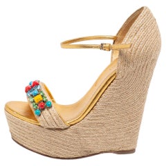 Gucci Gold/Beige Jute And Leather Carolina Wedge Sandals Size 36