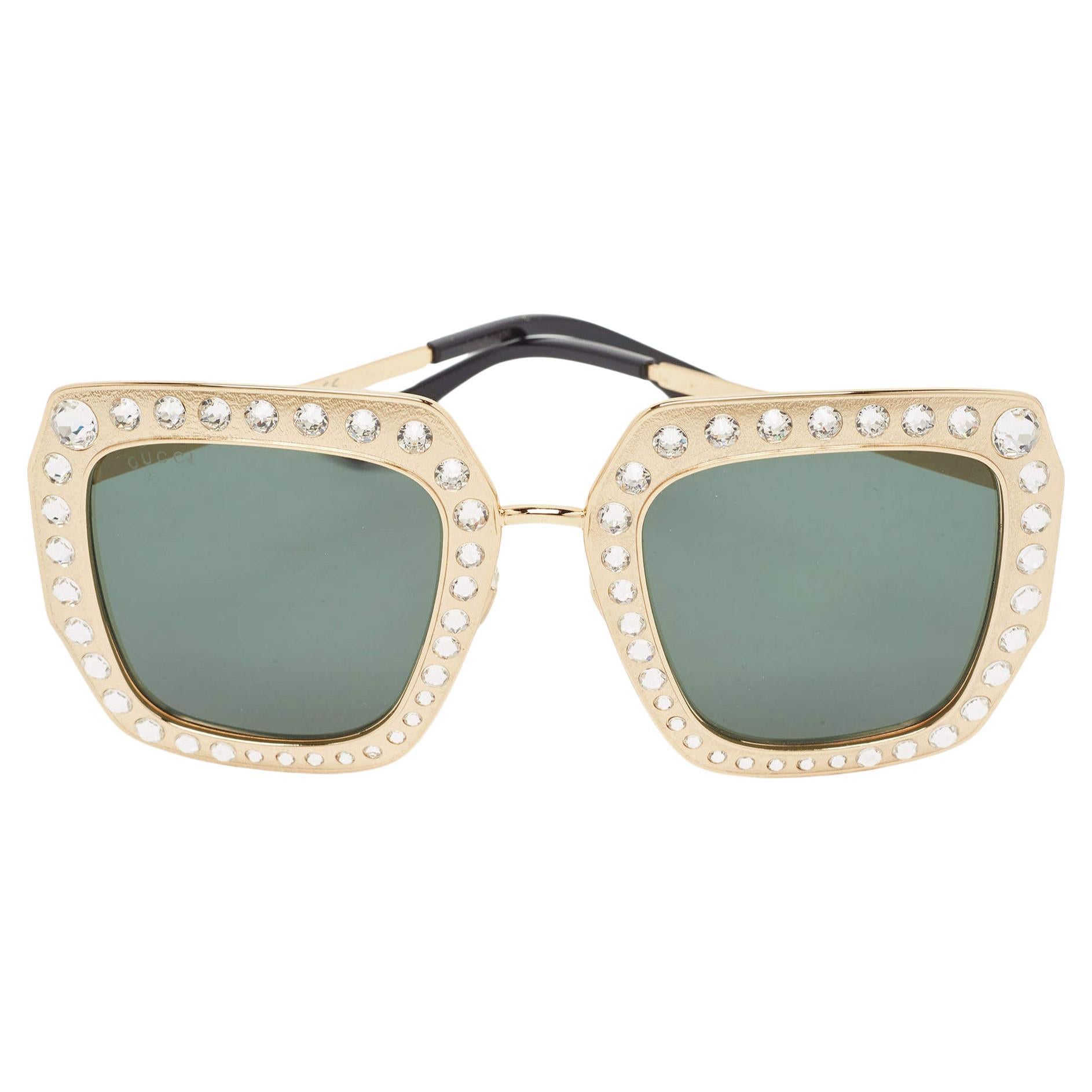 Gucci Gold/Black Crystals Square Oversized Sunglasses For Sale