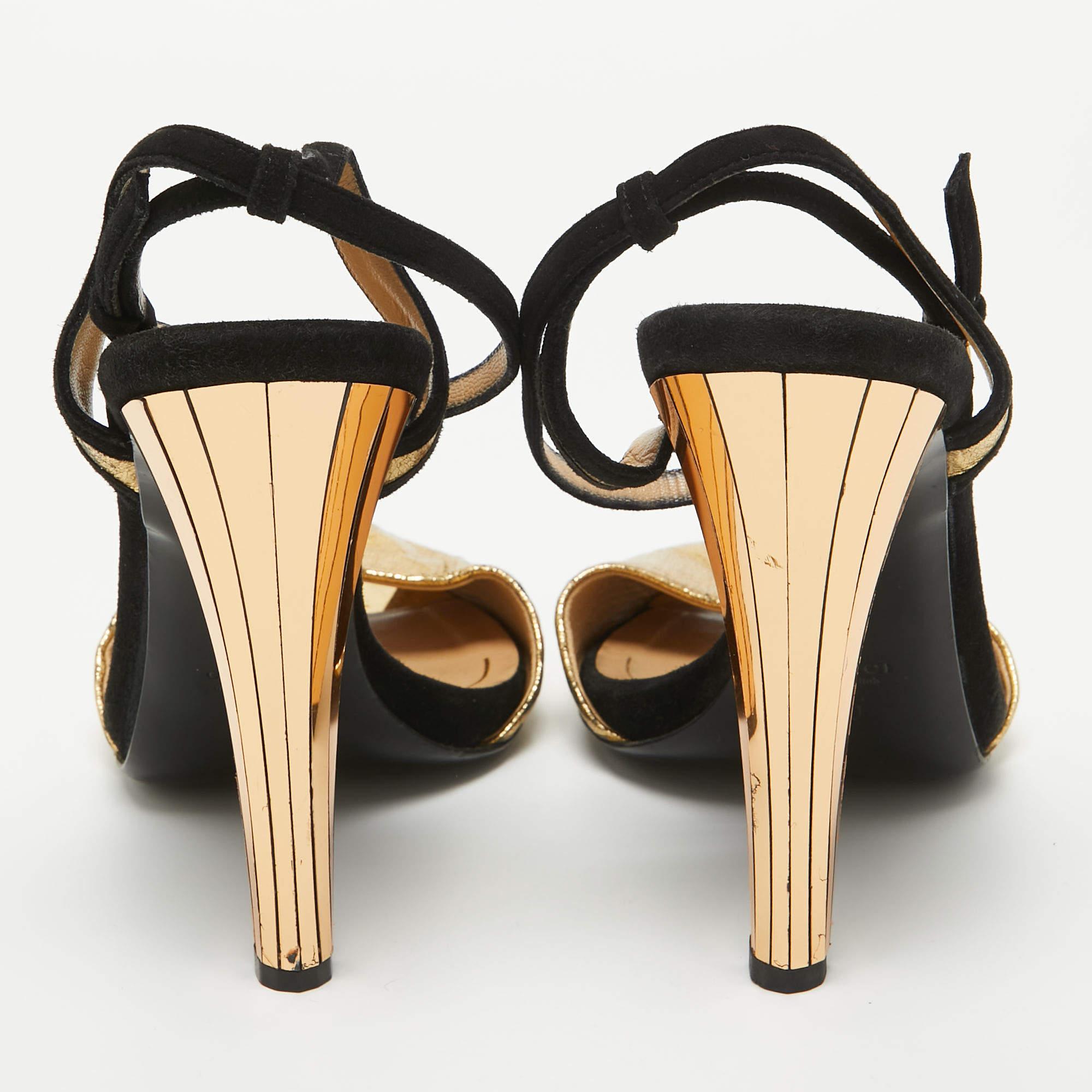 Gucci Gold/Black Leather and Suede Ankle Strap Sandals Size 40 For Sale 1