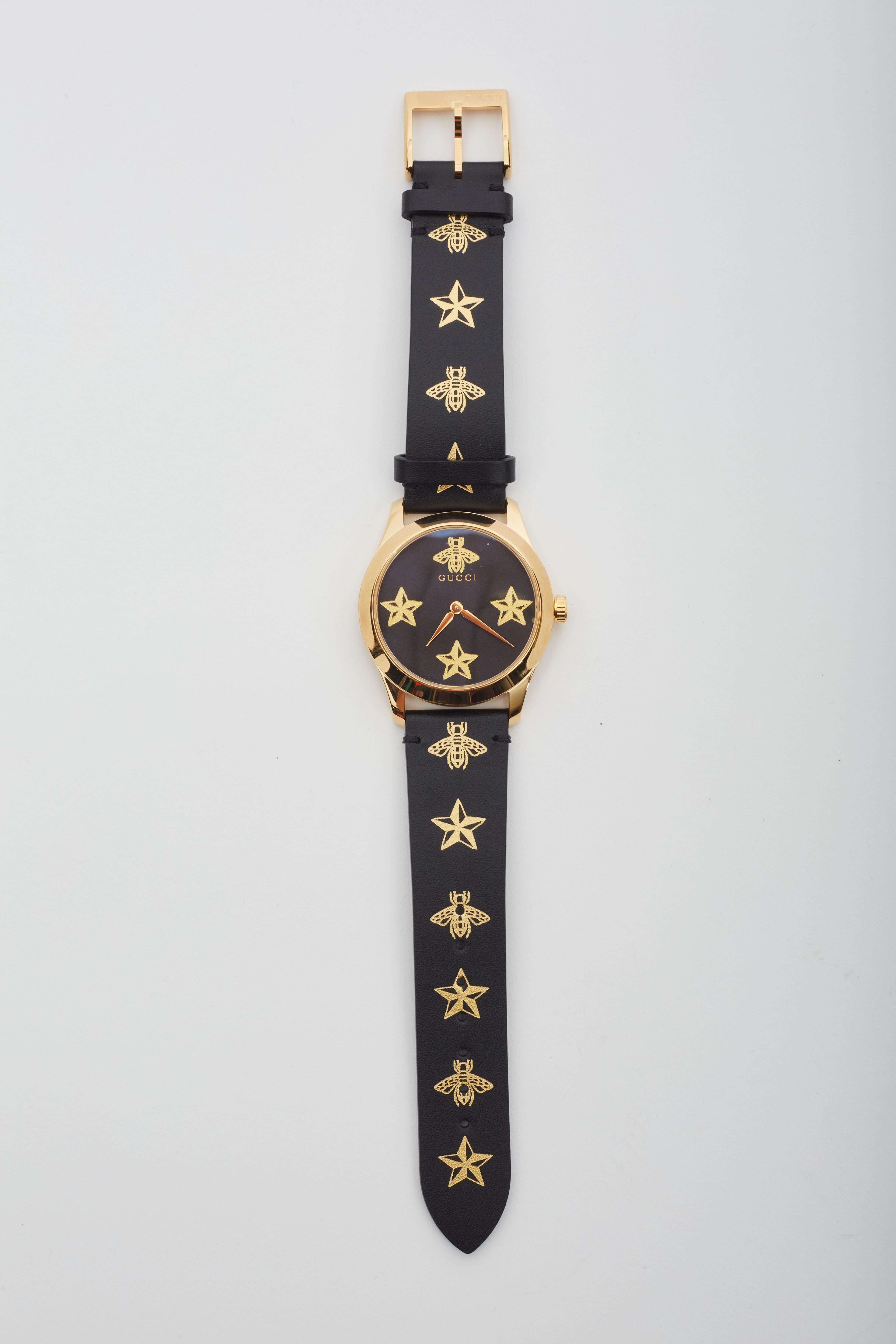 Women's or Men's Gucci Gold Black Leather Bee And Stars G-Timeless 126.4 Watch