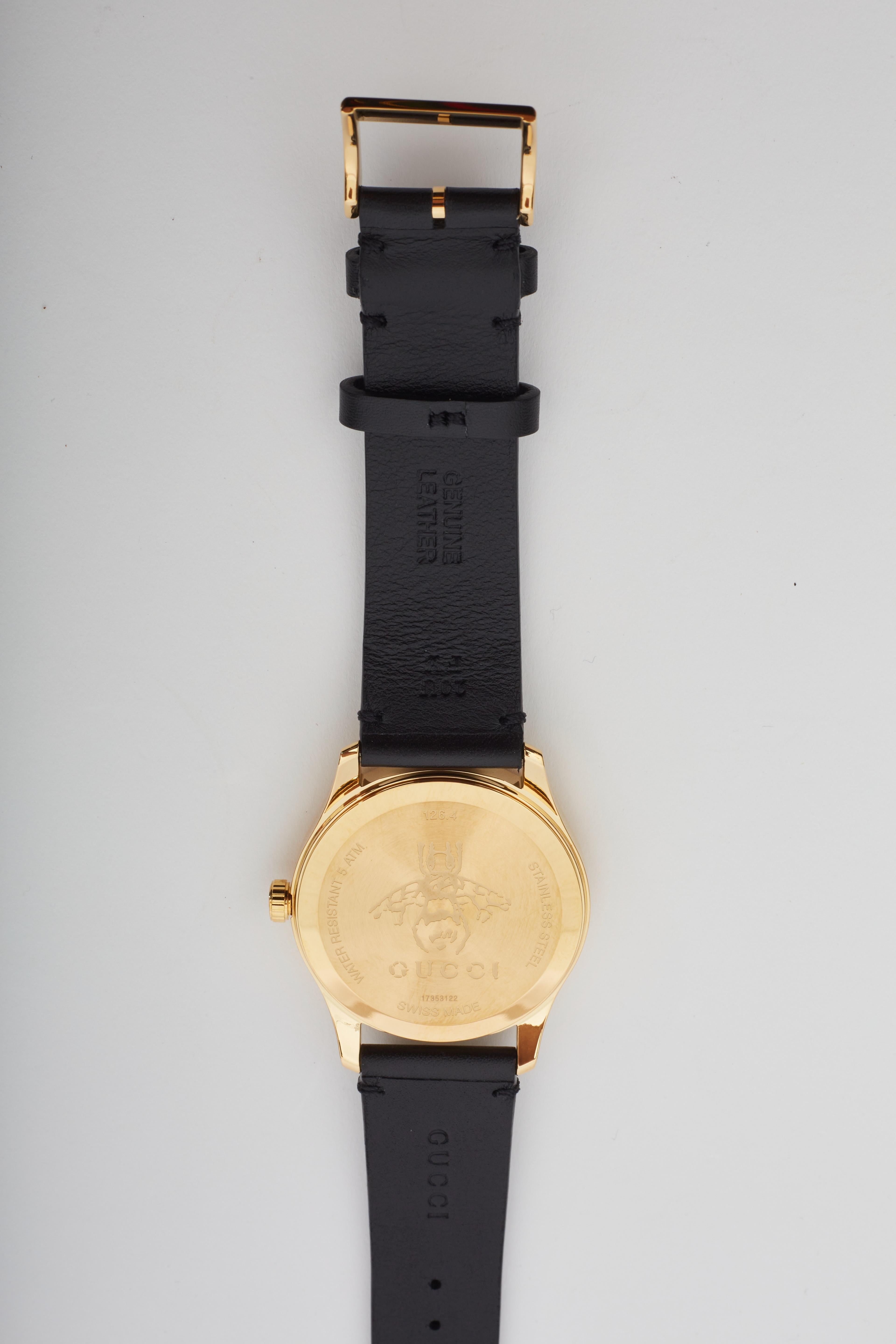 Gucci Gold Black Leather Bee And Stars G-Timeless 126.4 Watch 1