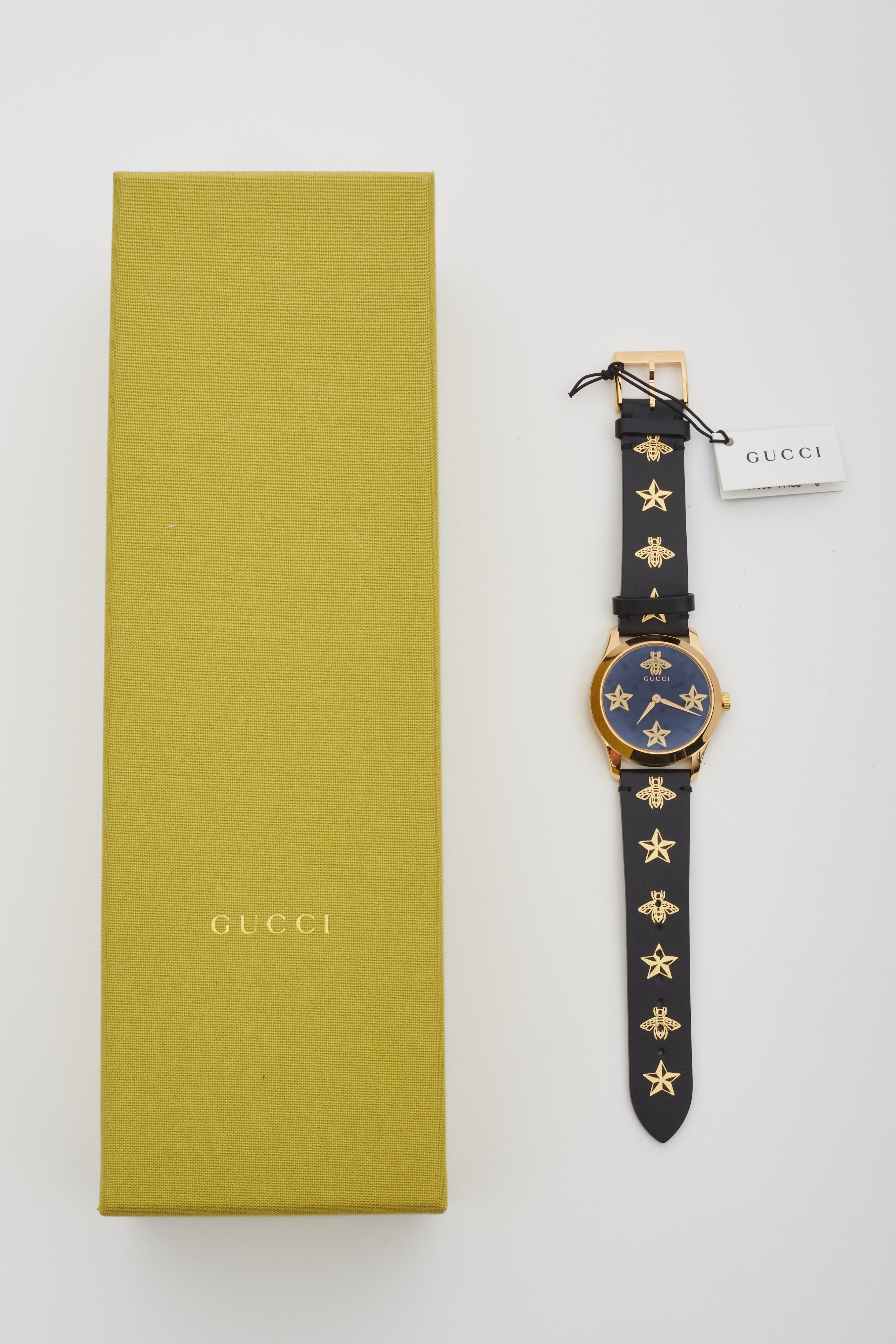 Gucci Gold Black Leather Bee And Stars G-Timeless 126.4 Watch 2