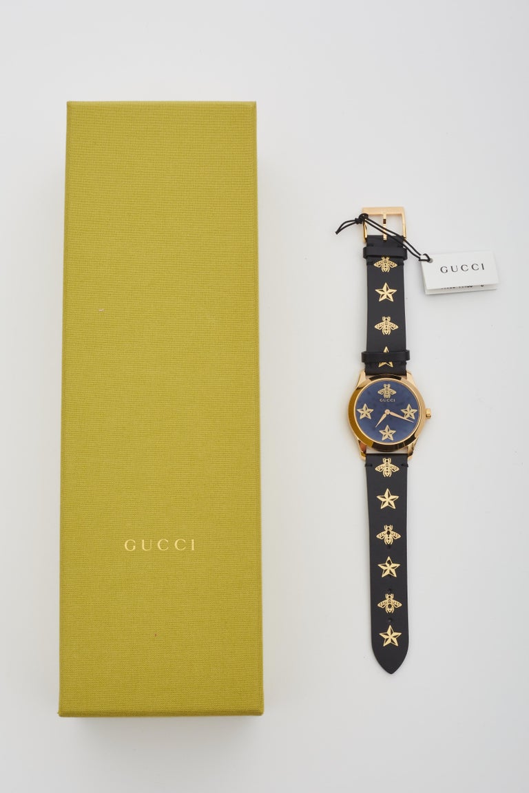 Gucci Gold Black Leather Bee And Stars G-Timeless 126.4 Watch at