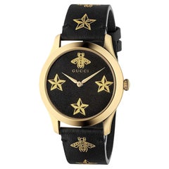 Gucci Gold Black Leather Bee And Stars G-Timeless 126.4 Watch