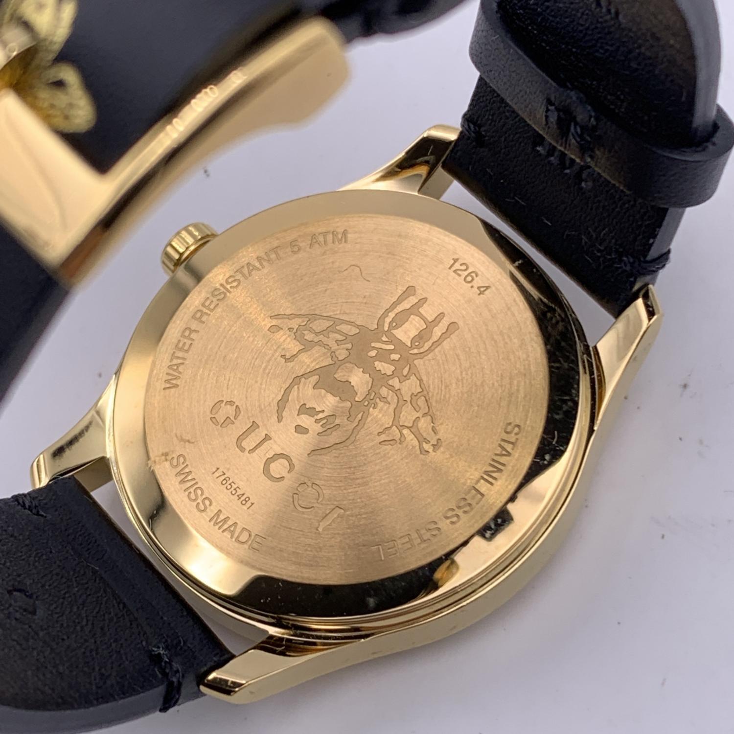Gucci Gold Black Leather G-Timeless 126.4 Wrist Watch Bee and Stars 2