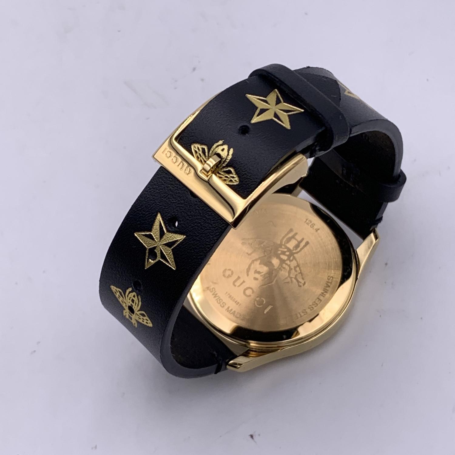 Women's Gucci Gold Black Leather G-Timeless 126.4 Wrist Watch Bee and Stars