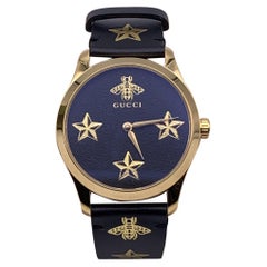 Gucci Gold Black Leather G-Timeless 126.4 Wrist Watch Bee and Stars
