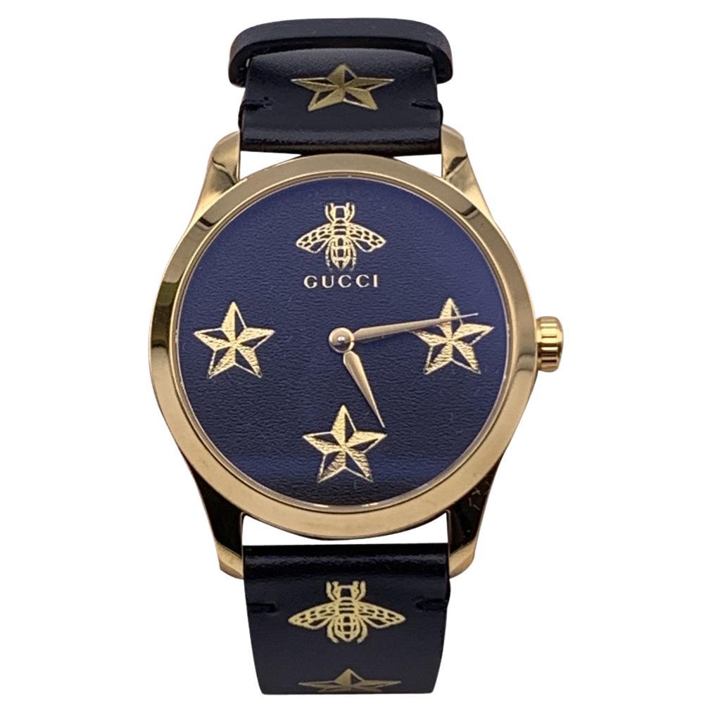 Gucci Gold Black Leather G-Timeless 126.4 Wrist Watch Bee and Stars