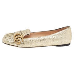 Gucci Gold Crinkled Foil Leather GG Marmont Fringe Detail Ballet Flats Size 37.5