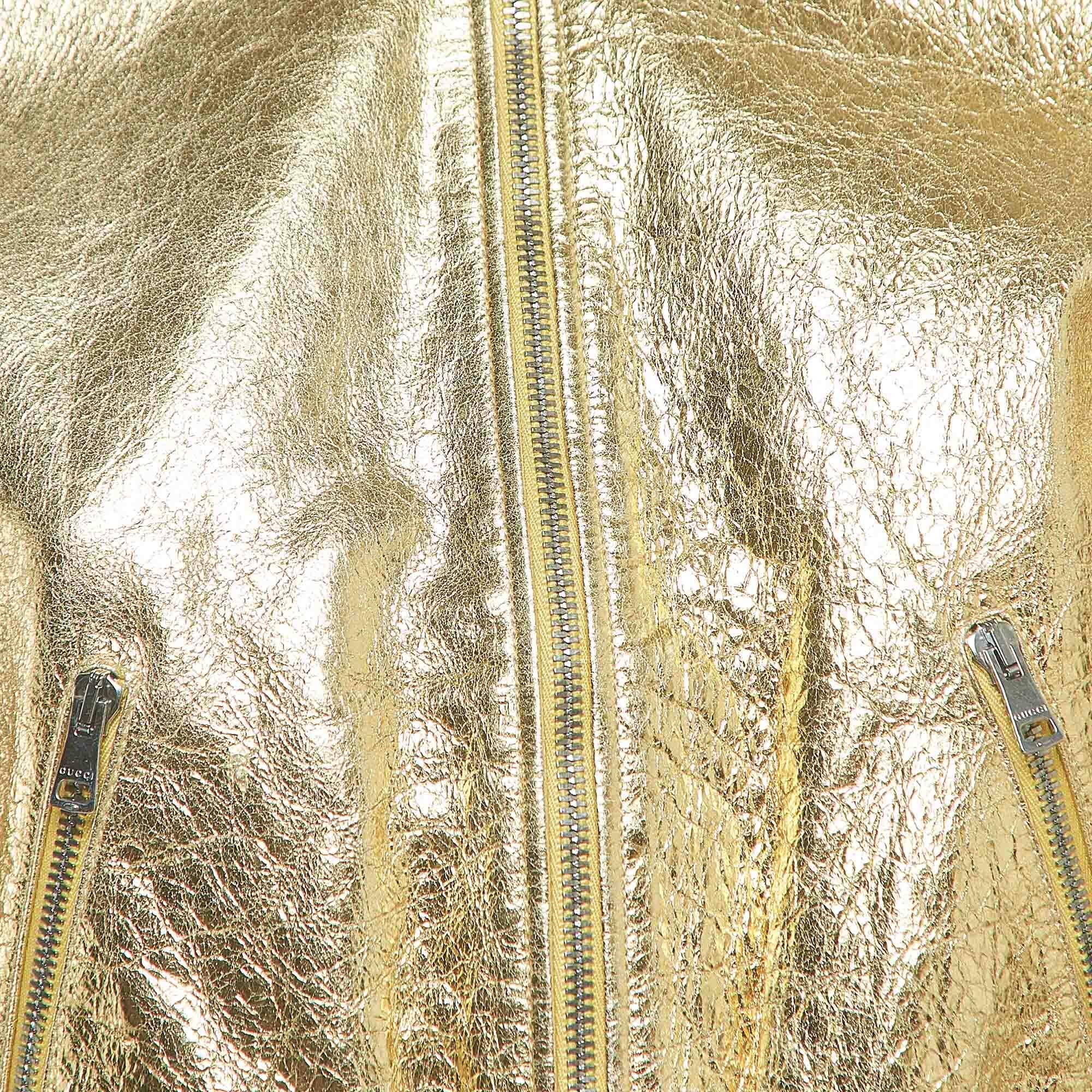 Gucci Gold Crinkled Leather Bomber Jacket S In Excellent Condition In Dubai, Al Qouz 2