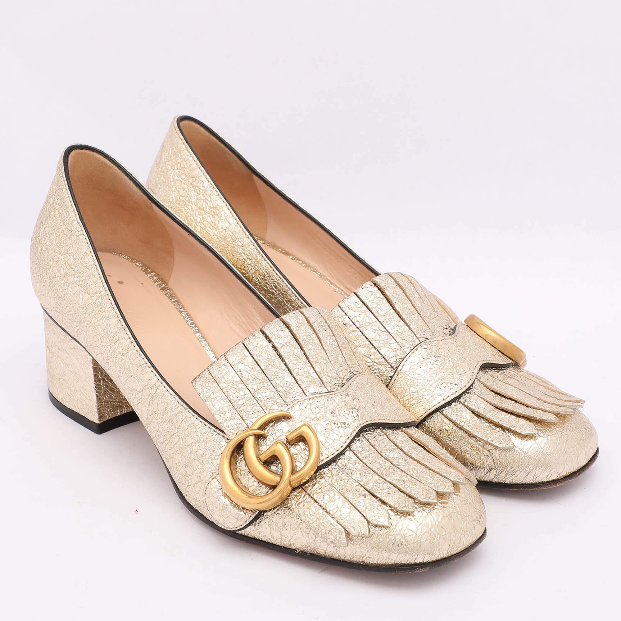 Women's Gucci Gold Crinkled Leather GG Marmont Block Heel Pumps Size 36.5