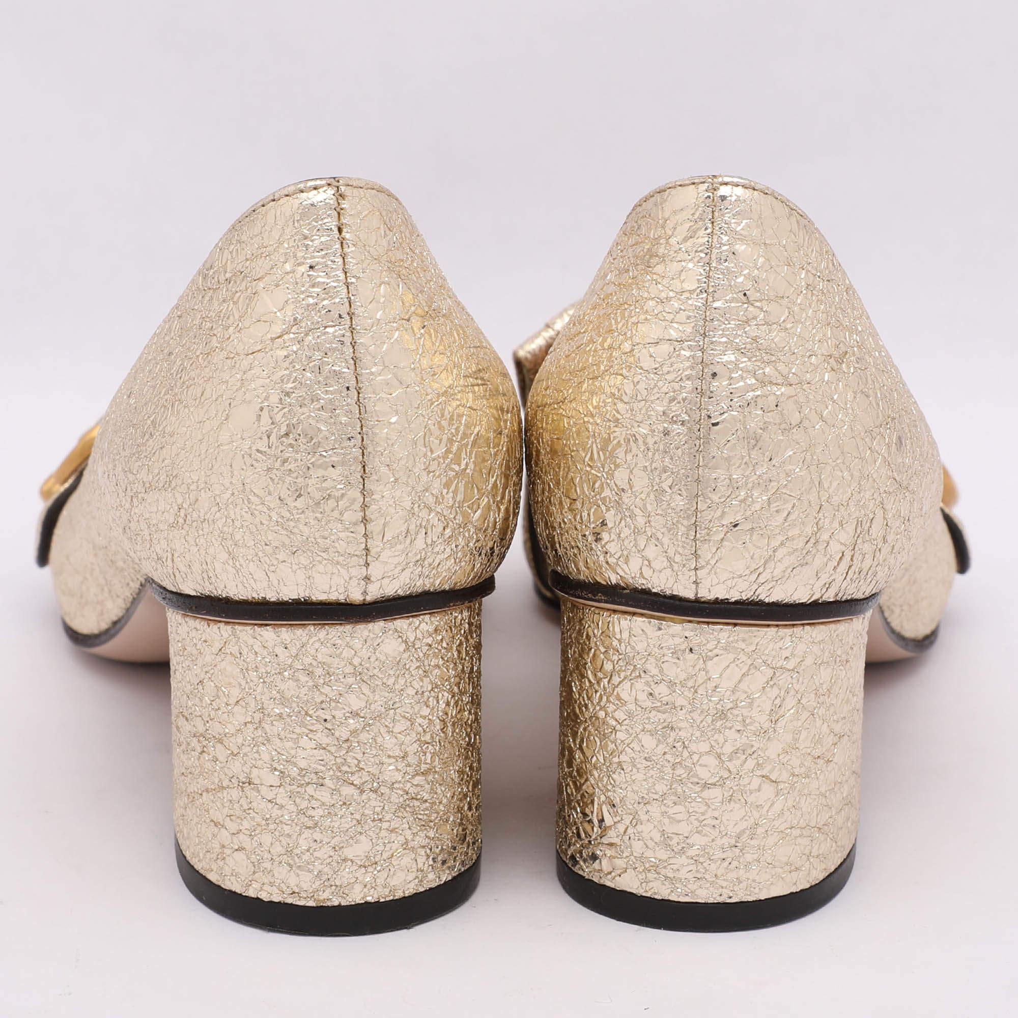 Gucci Gold Crinkled Leather GG Marmont Block Heel Pumps Size 36.5 1