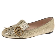 Gucci Gold Crinkled Leather GG Marmont Fringe Ballet Flats Size 36