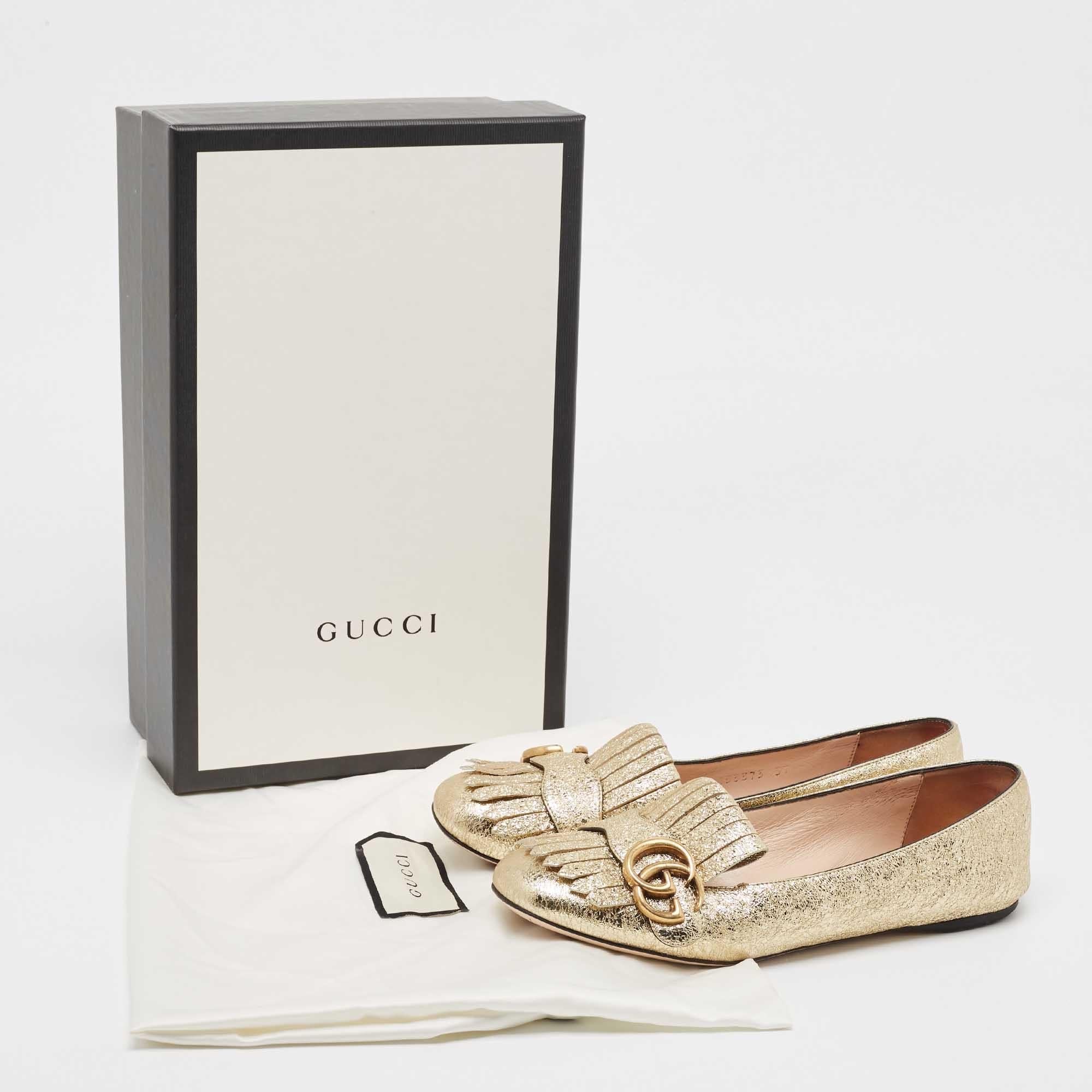 Gucci Gold Crinkled Leather GG Marmont Fringe Flats Size 37 5