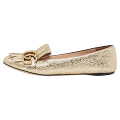 Gucci Gold Crinkled Leather GG Marmont Fringe Flats Size 37