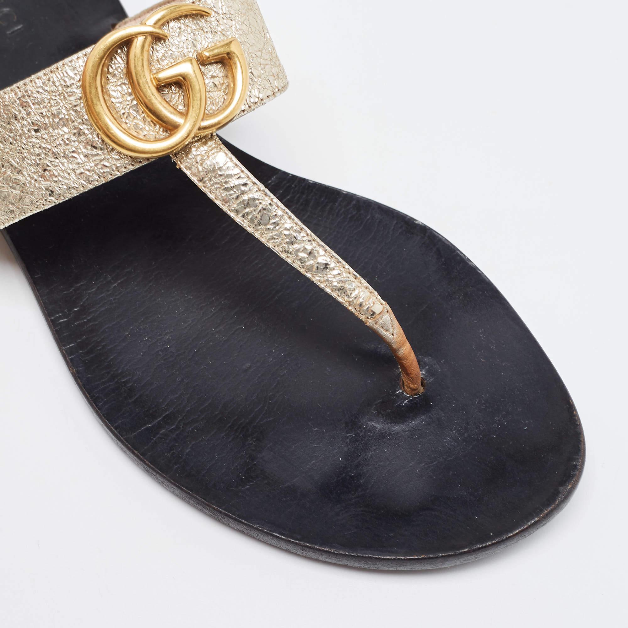 Gucci Gold Crinkled Leather GG Marmont Thong Flats Size 37.5 2