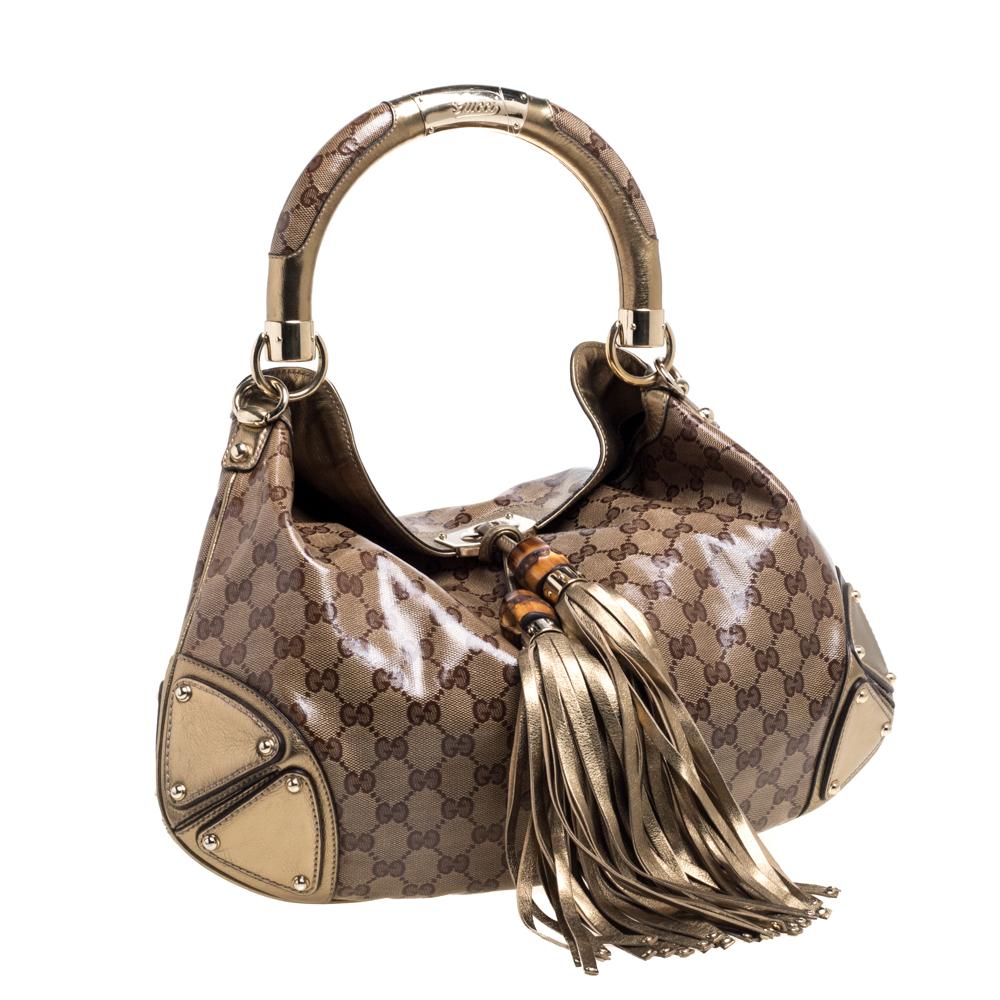 Gucci Gold Crystal Canvas and Leather Medium Babouska Indy Hobo In Good Condition In Dubai, Al Qouz 2