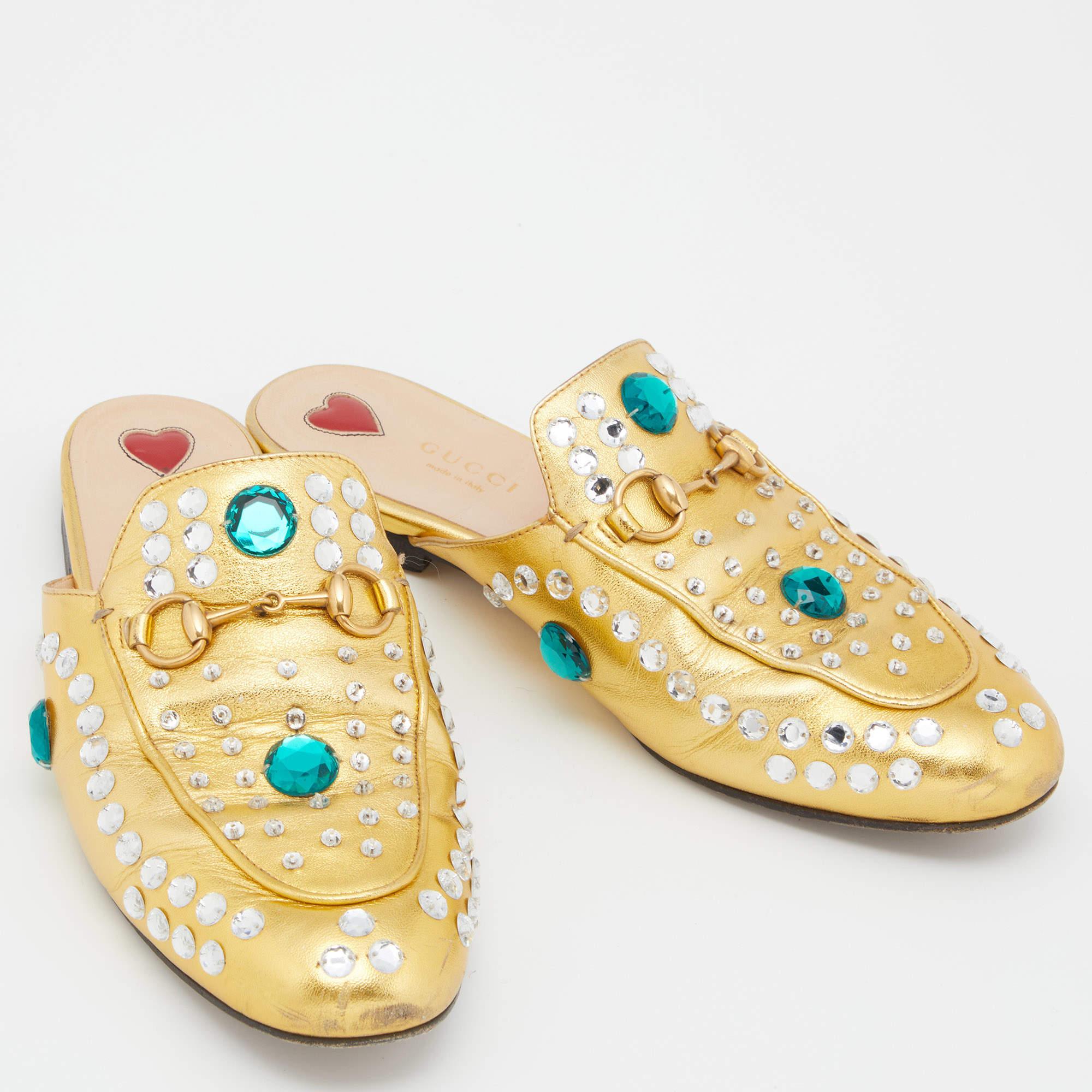 Women's Gucci Gold Crystal Embellished Leather Princetown Flat Mules Size 37.5