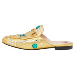 Used Gucci Gold Crystal Embellished Leather Princetown Flat Mules Size 37.5