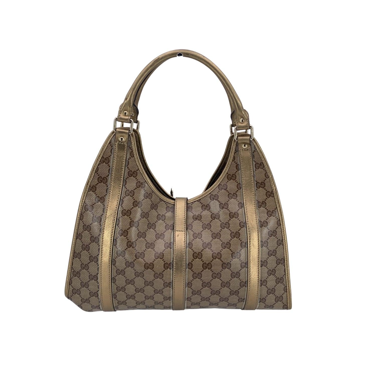 Gucci Gold Crystal GG Canvas Pushlock Bardot Hobo Bag (Braun) im Angebot