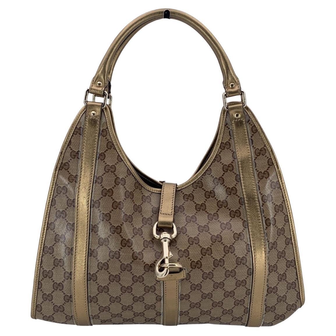 Gucci Gold Crystal GG Canvas Pushlock Bardot Hobo Bag im Angebot