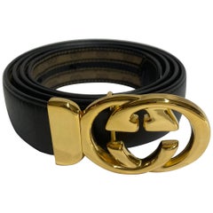 Vintage GUCCI Gold Double G Black/ Brown Leather Belt