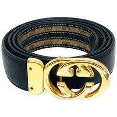 GUCCI Gold Double G Black/ Brown Leather Belt 