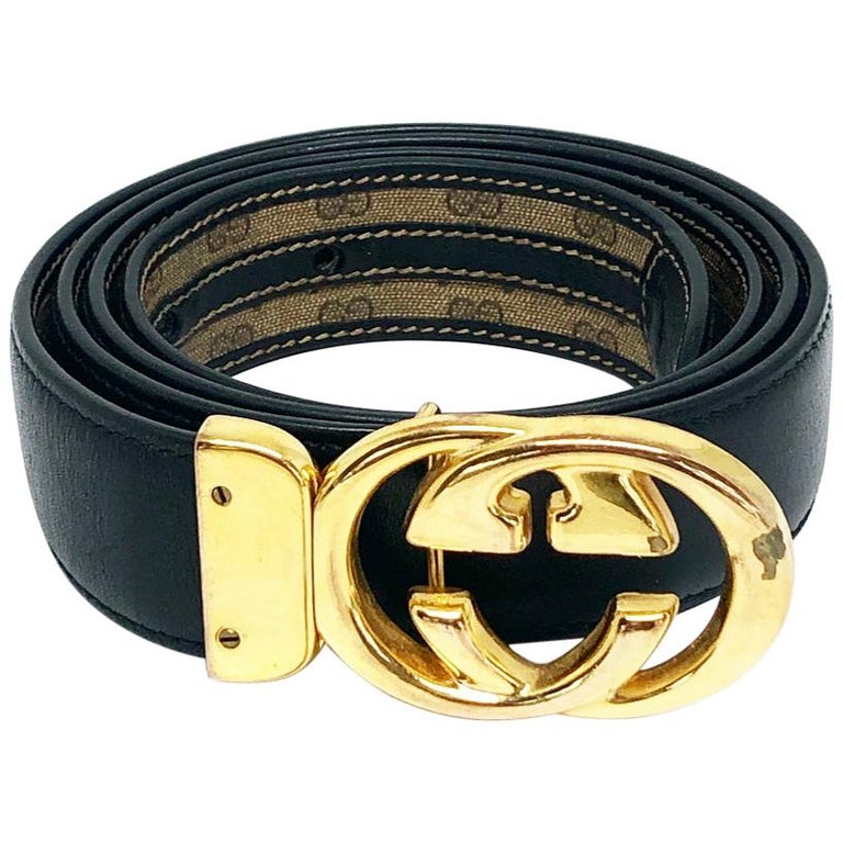 GUCCI Gold Double G Black/ Brown Leather Belt at 1stDibs | gucci gold belt