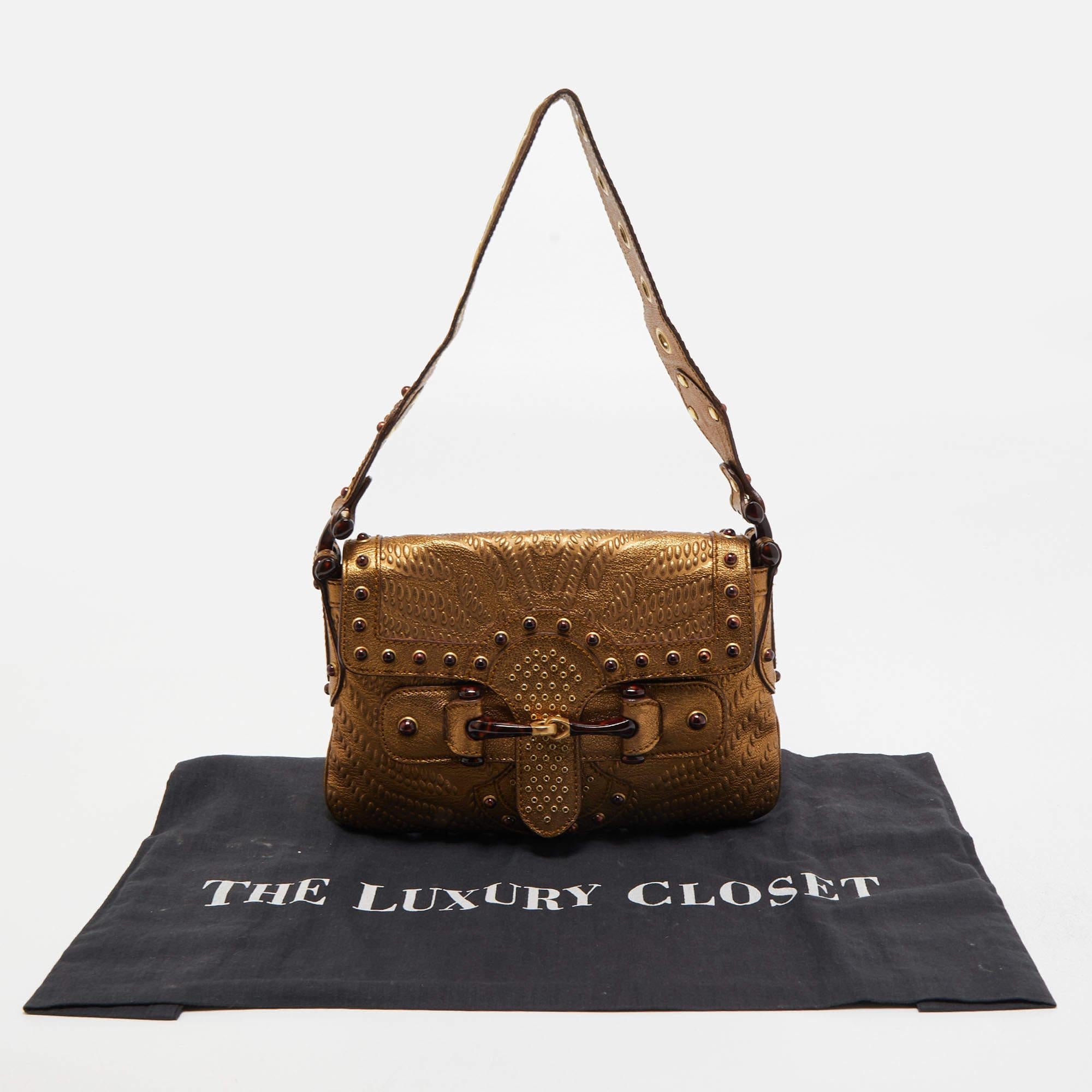 Gucci Gold Embossed Leather Pelham Runway Flap Bag 7
