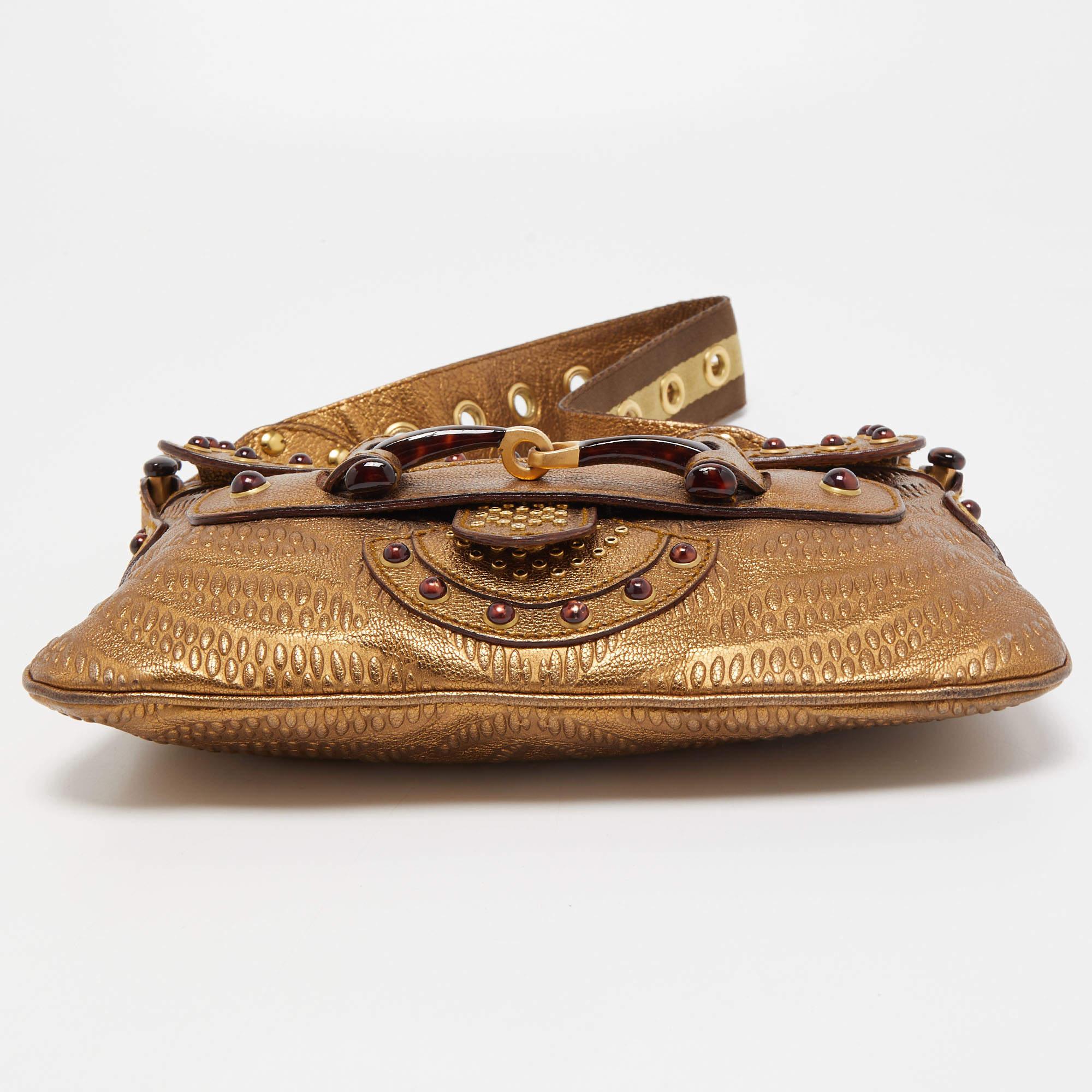 Gucci Gold Embossed Leather Pelham Runway Flap Bag In Good Condition In Dubai, Al Qouz 2