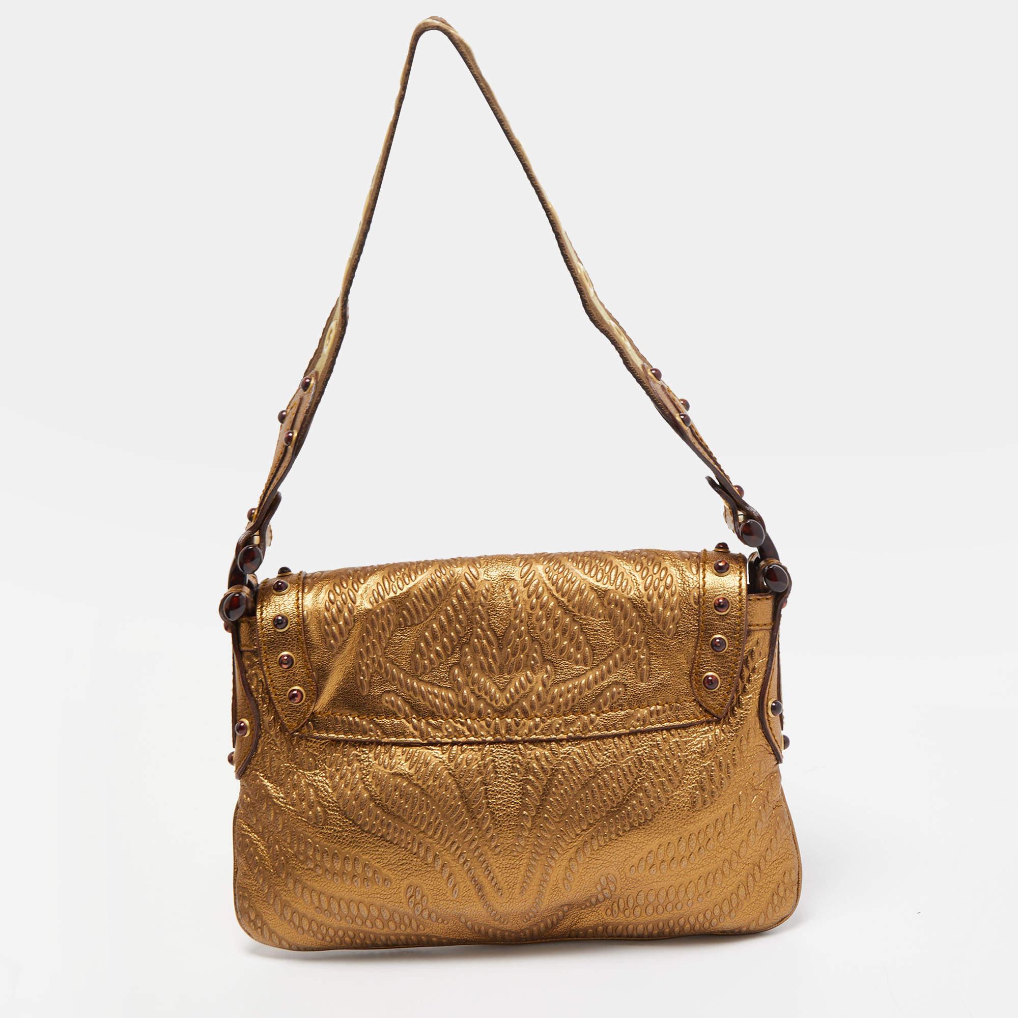 Women's Gucci Gold Embossed Leather Pelham Runway Flap Bag