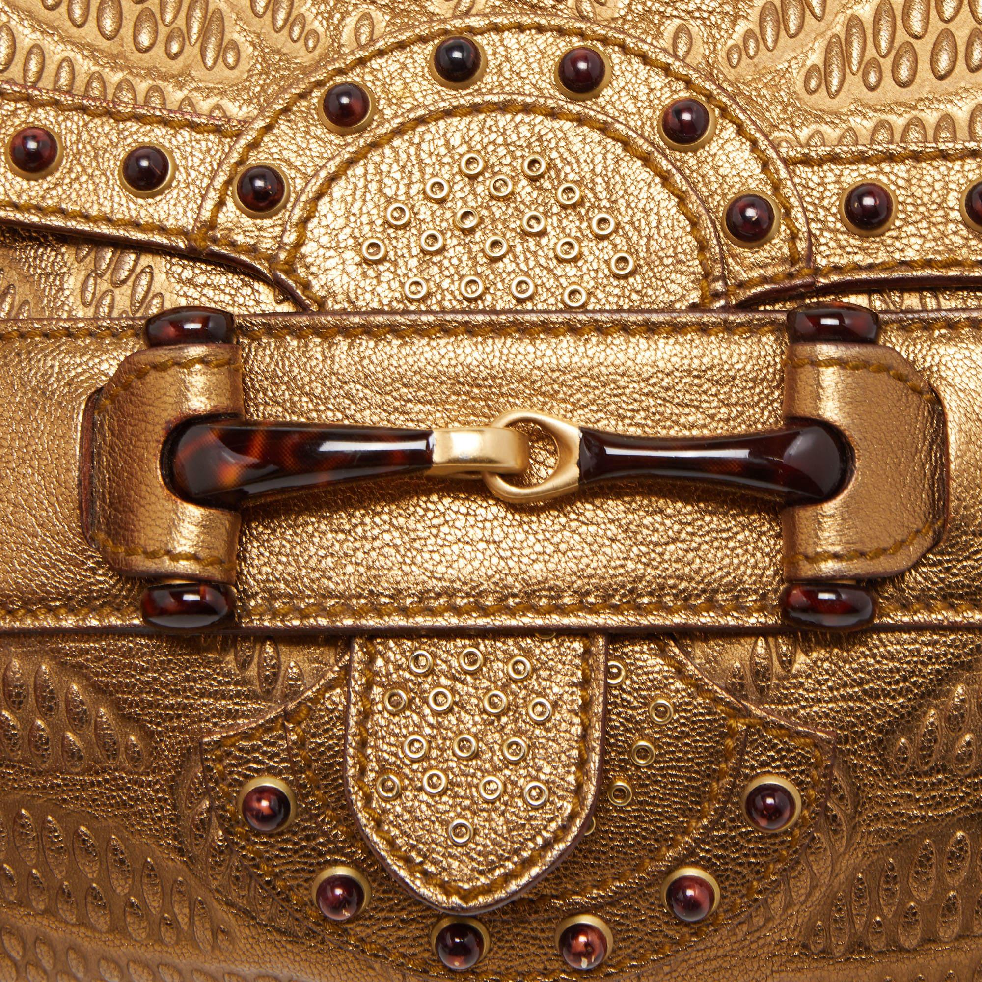 Gucci Gold Embossed Leather Pelham Runway Flap Bag 4