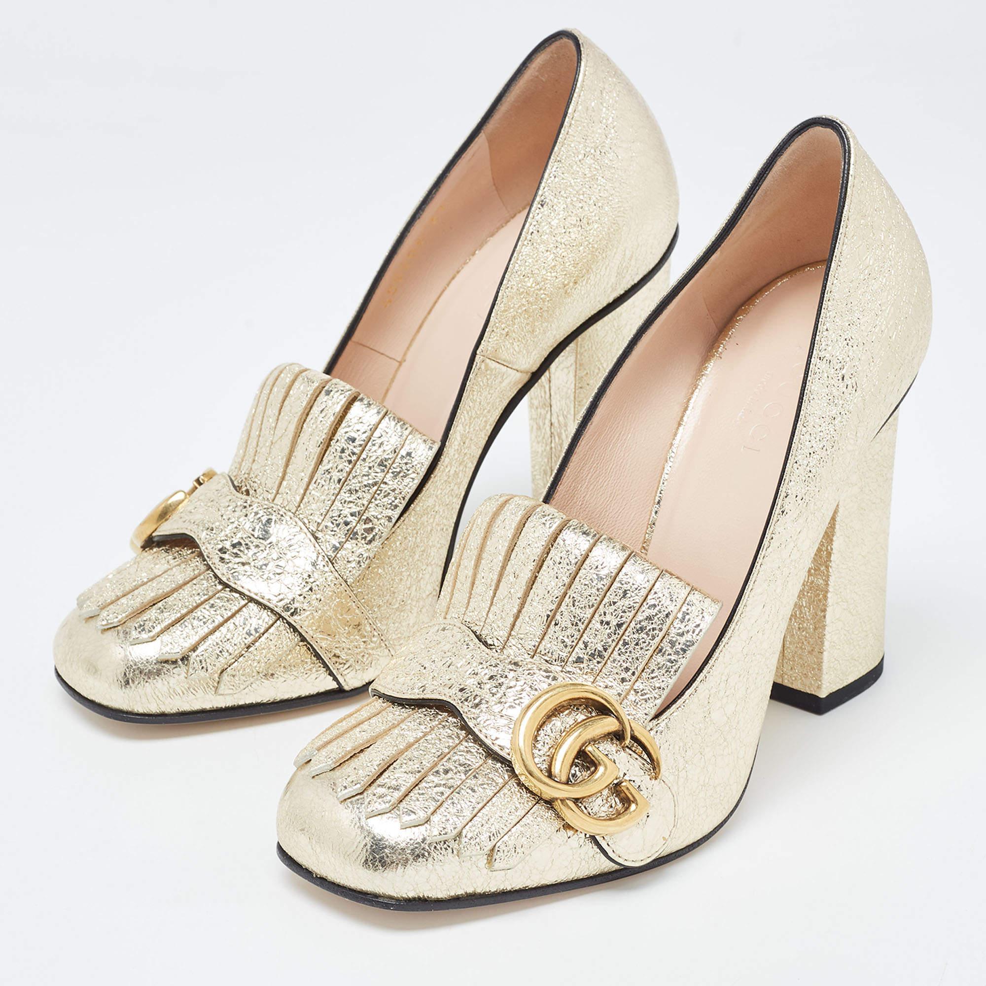 Women's Gucci Gold Foil Leather GG Fringe Block Heel Loafer Pumps Size 37