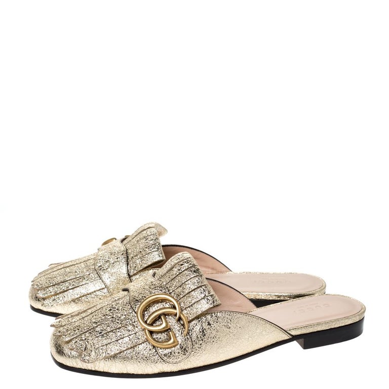 Gucci Gold Foil Leather GG Marmont Fringe Detail Flat Mules Size