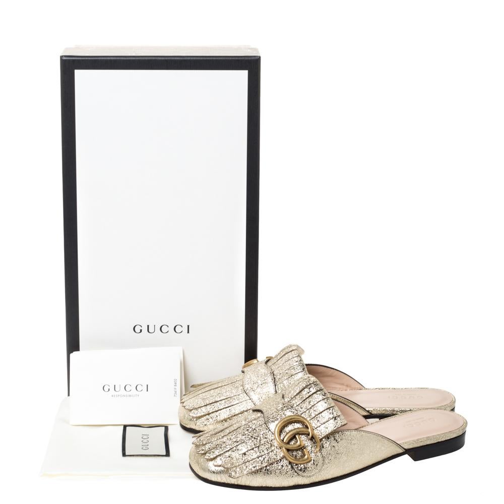 Gucci Gold Foil Leather Marmont Kiltie GG Fringe Mules Size 36 1