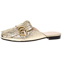 Gucci Gold Foil Leather Marmont Kiltie GG Fringe Mules Size 36