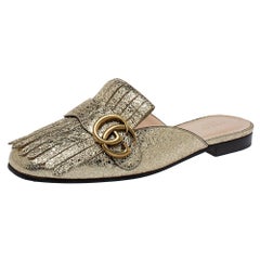 Gucci Gold Foil Leather Marmont Kiltie GG Fringe Mules Size 37