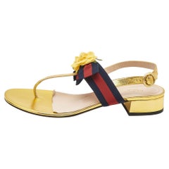 Gucci Gold Foil Leather Web Bow Thong Slingback Flat Sandals Size 40.5