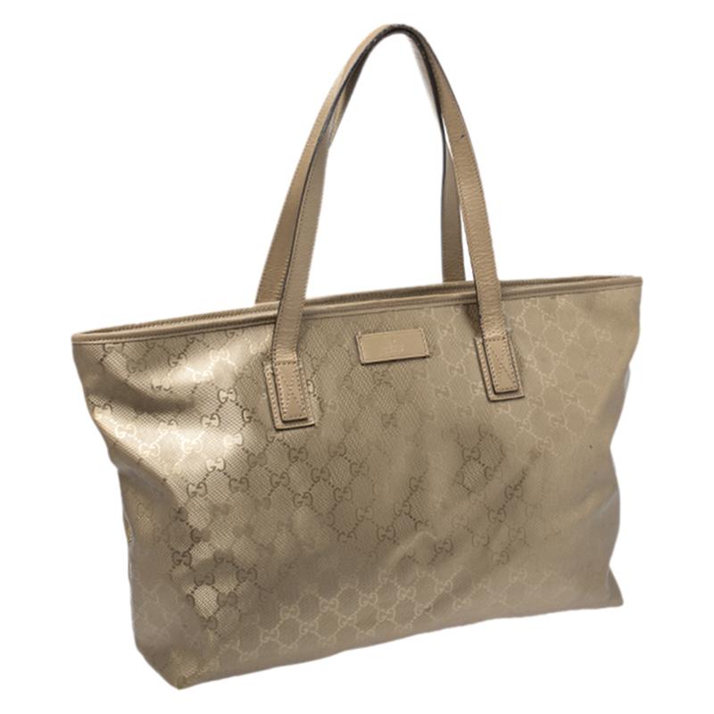 Brown Gucci Gold GG Imprime Canvas and Leather Shopper Tote