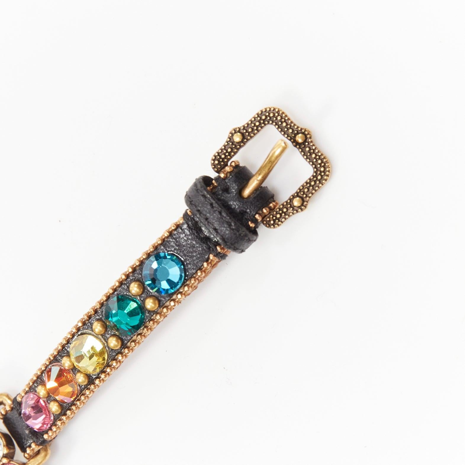 GUCCI gold GG log rainbow crystal embellished black leather bracelet In Good Condition For Sale In Hong Kong, NT