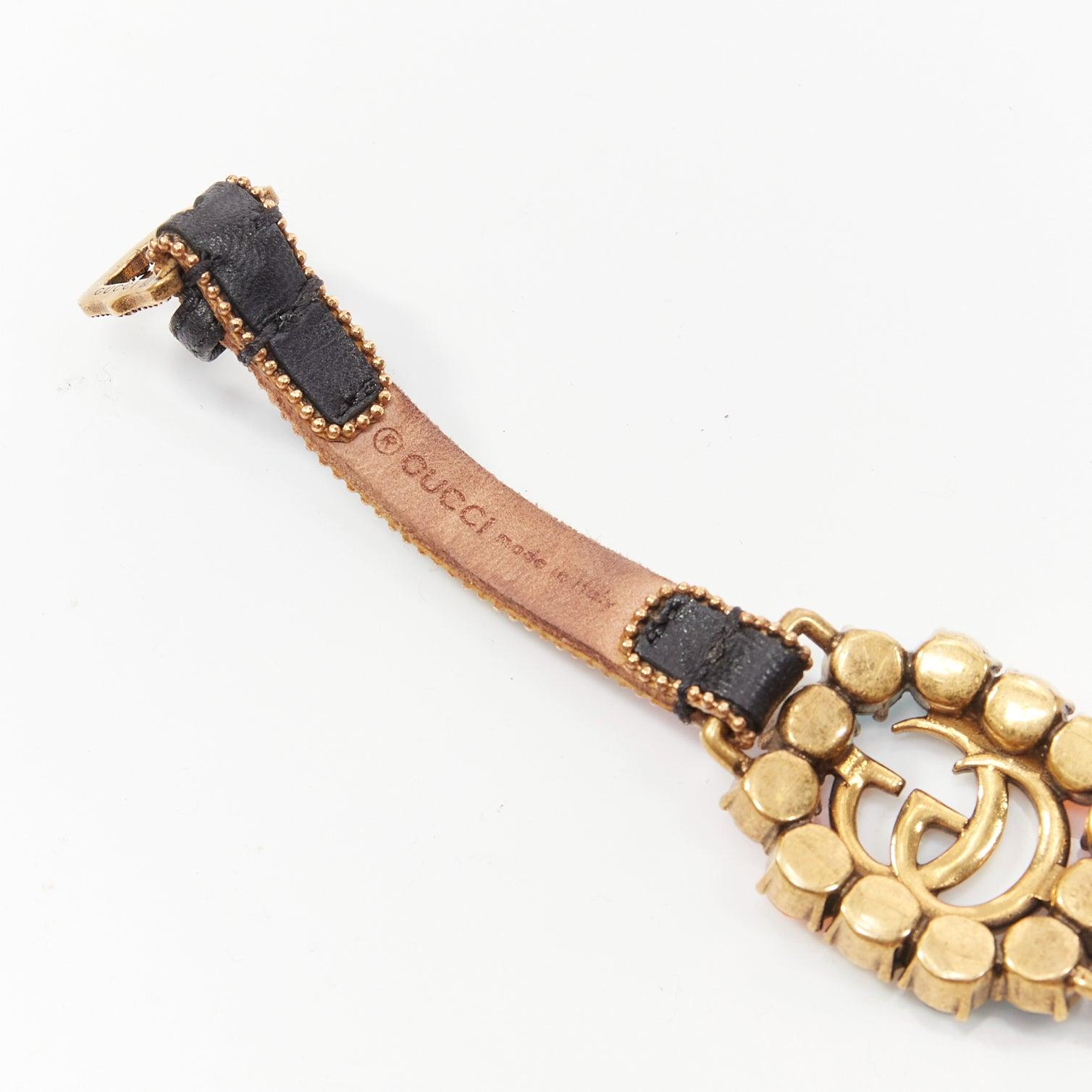 GUCCI gold GG log rainbow crystal embellished black leather bracelet For Sale 3